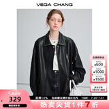 VEGA CHANG黑色皮衣女2025春秋宽松显瘦机车风pu皮短外套 松绿黑 S