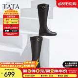 他她（TATA）超模骑士靴女靴加绒大筒围长筒靴高筒靴冬季新款7TG80DG3 黑色（金属圈-单里） 36