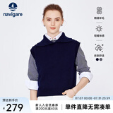 Navigare意大利小帆船羊毛衫女士秋冬款简约气质翻领毛衣无袖针织马甲背心 海军蓝 XL