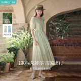 茵曼（INMAN）法式连衣裙女夏季显瘦遮肚灯笼袖抽绳收腰公主长裙子 水沫绿 S 