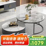 左客左家（ZUOKEZUOJIA）意式简约中古风茶几客厅家用茶桌小户型实木圆形岩板茶几边几组合 亮面|60白+80灰|黑柜单抽茶几