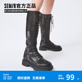 Semir官方正品时装靴女靴春秋季新款潮流休闲高帮系带机车靴长筒靴女 黑色 37