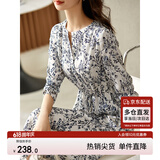 尚都比拉新中式国风连衣裙夏装青花瓷印花气质收腰显瘦裙子 白底蓝花 S