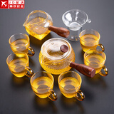 正扬玻璃功夫茶具套装家用锤纹花梨木双侧把泡茶壶耐热茶杯办公整套小 10头 锤纹侧花梨+6锤金把