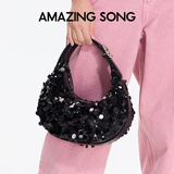 Amazing Song乙颂【新年礼物】半月包小号单肩斜挎包牛皮小众精致腋下月牙包女 珠光黑