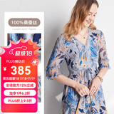 帕罗（PALUOPO）夏季真丝连衣裙100%桑蚕丝女装高端v领小碎花轻奢小个子气质穿搭 蓝色 M (160/84A)