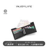 INJOYLIFE男女短款钱包 两折小钱包情侣真皮十字纹 青年简约皮夹 黑色 - 新LOGO