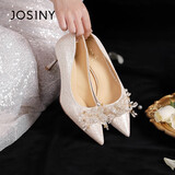 卓诗尼高跟鞋水钻婚鞋2025新款女鞋新年春夏法式尖头新娘鞋 香槟金 40
