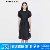 S.DEER圣迪奥女装圆领绣花网纱拼接时尚百搭个性连衣裙S22281218 黑色/91 S 160