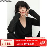 COCOBELLA前后两穿领型满天星亮片针织衫女秋时尚V领打底衫TS642 黑色 M
