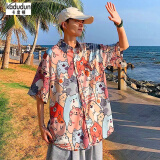 卡度顿 港风衬衫男ins潮流百搭宽松报纸衬衣夏季潮牌韩版七分袖外套男生夏天衣服潮  1151图片色 XL