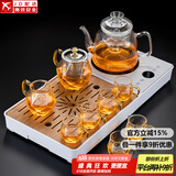 功夫玻璃茶具套装家用一体电陶炉煮茶器茶盘整套茶台三合一养生花茶壶烧水壶加厚耐热泡茶壶 悦(一体炉盘/白)进水壶+8头(钻石壶)+6金钻纹