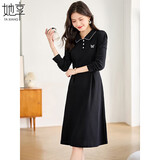 她享长袖连衣裙女翻领学院风设计感收腰A子长裙显瘦裙子 T143Q2001