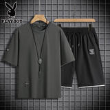 花花公子【两件套】短袖t恤男士套装衣服短裤子休闲裤五分裤夏季半袖男装T 灰色 L