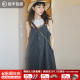 马登女装 格纹拼接吊带裙慵懒风显瘦A字裙宽松连衣长裙无袖夏 藏蓝色 S