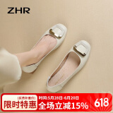 ZHR浅口单鞋女春秋粗跟通勤女鞋优雅方扣真牛皮船鞋女 AH378 米色 36