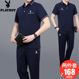花花公子男装中年运动套装男夏季透气薄款棉质T恤短袖长裤两件套爸爸装夏 【3961款】蓝色二件套 XL【建议120-140斤左右】