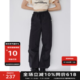 BASIC HOUSE/百家好运动休闲阔腿裤女2024夏季新款轻薄显高束脚伞兵工装裤女 黑色 S
