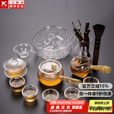 正扬玻璃功夫茶具套装家用锤纹花梨木双侧把泡茶壶耐热茶杯办公整套小 15头 锤侧金+8高碗+盖茶道洗