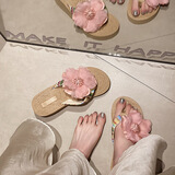 梵昇昱凉拖鞋女仙女风坡跟人字拖时尚草编花朵厚底田园度假海边沙滩女鞋 坡跟沙滩鞋女【粉色小花】 36 跟高5cm