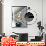 墨派 轻奢餐厅装饰画现代简约带钟表组合挂画饭厅背景墙壁画客厅挂画 金鹿招财 70*100cm晶瓷+直径60cm钟表