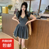 减龄气质大码流苏牛仔连衣裙女夏季薄款收腹显瘦百褶裙短裙胖妹妹 蓝色泡泡袖牛仔连衣短裙单件 S