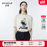 幻走（MOVEUP）夏季新款.FUN系列 圆领落肩袖猫咪印花设计感短款T恤女 奶油白 L