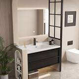 汀雨竹中古风黑色浴室柜陶瓷一体盆洗脸盆柜组合卫生间洗漱台一体浴室柜 60cm智能方镜+广东优级陶瓷盆
