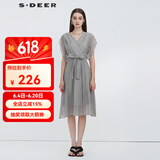 S.DEER圣迪奥女装优雅V领压褶收腰无袖连衣裙S223Z12M6 灰/67 M/165