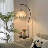 中古风落地灯氛围置物架客厅沙发旁装饰卧室床头一体台灯书房新款 花瓣灯罩+无极调光 黑色灯体+胡桃木桌面