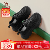 骆驼（CAMEL）老爹鞋女网布皮面拼接双系带厚底休闲鞋 L24S283079 黑色 38