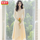 恒源祥法式配大衣的内搭打底修身针织毛衣不规则裙摆设计感连衣长裙秋冬 杏色【版】 M