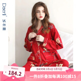 达尔丽睡衣女春秋季纯棉长袖薄款家居服套装本命年红国潮印花开衫可外穿 T895118-029-山茶花 L ：建议体重105-120斤