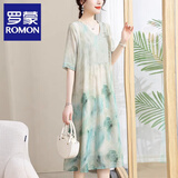 罗蒙（ROMON）妈妈夏装连衣裙时尚洋气2025新款气质短袖裙子大码长裙中老年女装 绿色 3XL （115-130斤）