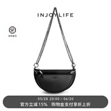 INJOYLIFE复古马鞍包通勤休闲流浪包双链条包斜挎包包半圆子母包 黑色
