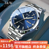 I&W CARNIVAL HWGUOJI瑞士品牌IW手表男机械表防水超薄男士手表进口机芯全自动商务男表 夜光双日历款/银蓝钢带