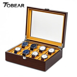 TOBEAR高档木制手表收纳收藏盒展示盒男女表家用带锁大容量多表位首饰盒 木纹8表位