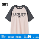 森马短袖T恤女中长款宽松插肩袖夏季字母套头衫复古107424100007