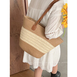 巧丂镂空编织度假沙滩包女士2025七夕大容量腋下单肩包简约时尚草编包 卡其加米麦穗