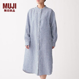 无印良品 MUJI 女式 法国亚麻水洗 立领连衣裙 BCL05C0S 深海军蓝X条纹 S