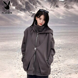 花花公子（PLAYBOY）假两件蝙蝠连帽卫衣男款秋冬美式高街廓形开衫拼接立领情侣外套女 深灰色 M 95至115斤可穿