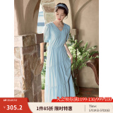 茵曼（INMAN）法式薄荷曼波连衣裙2024夏女装新品V领灯笼袖抽绳 绀蓝色 M