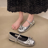 铂呐苓玛丽珍女鞋银色浅口小皮鞋圆头低跟平底单鞋仙女芭蕾风配裙子百搭 浅口小皮鞋单蝴蝶结【银色】 37