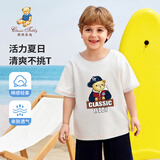 Classic Teddy儿童短袖男童T恤女童上衣夏季新款童装宝宝衣服半袖夏装1 棒球帽子熊织标短袖白色 100