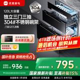 优盟（UM）消毒柜家用 嵌入式消毒碗柜小型厨房三层毛巾婴儿碗筷餐具奶瓶高温紫外线厨房碗柜 二星级 120L 三抽 304不锈钢一体碗架331