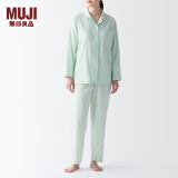 无印良品（MUJI） 女式 无侧缝双层纱织睡衣女士家居服春秋纯棉条纹格纹长袖 女款 淡绿色条纹 M (上装160/84A下装160/66A)