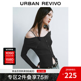 UR秋季新款女设计感翻领一字肩露肩修身针织衫UWJ940033 正黑 S