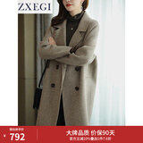 ZXEGI高端女装外套2025年新款100%羊毛双面毛呢大衣女中长款小个子显瘦 混咖色（人字纹） M