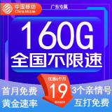 中国移动流量卡低月租手机卡电话卡不限速纯上网卡移动5G流量卡4g全国高速通用流量 广东卡-19元160G流量-本地归属-外省勿拍