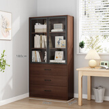 祺汇实木书柜储物柜一体家用客厅靠墙展示柜置物架带玻璃门整墙落地柜 三层三抽丨胡桃色70*24*高180cm